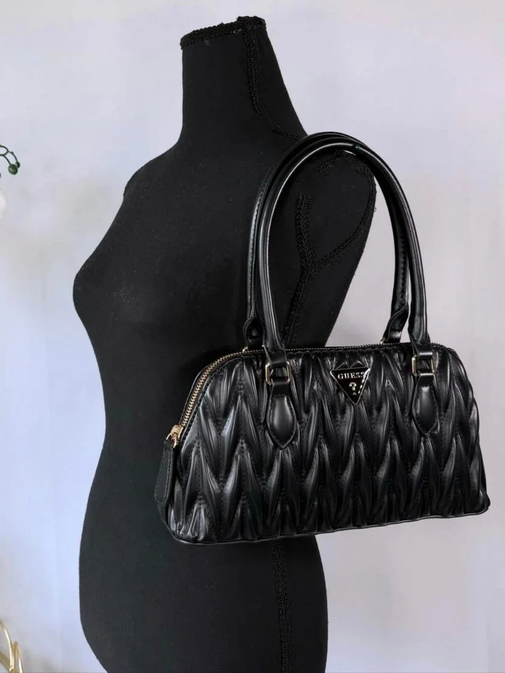 GUESS Black Quilted-Style Satchel with Gold Hardware